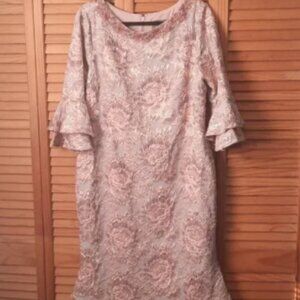 Theia Metallic Gold & Gray Beaded Sequin Neckline Bell Sleeve Dress Size 14